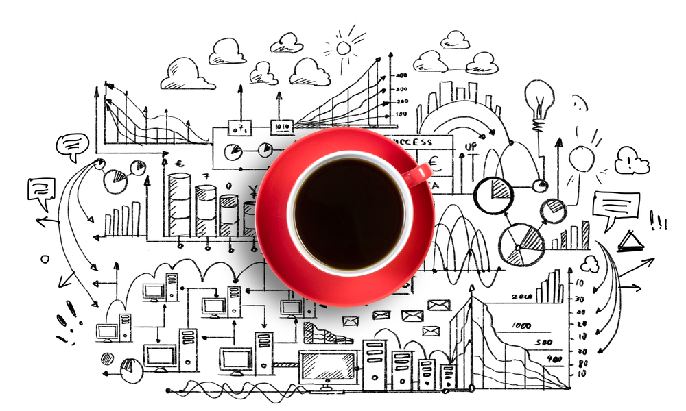 Conceptual image of cup of coffee with business sketches at background
